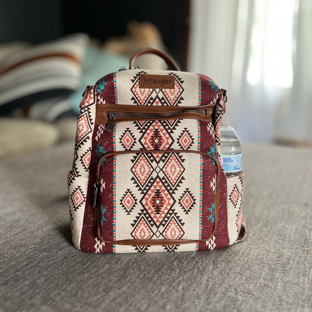Wrangler Brown Geometric Backpack with Leather Trim